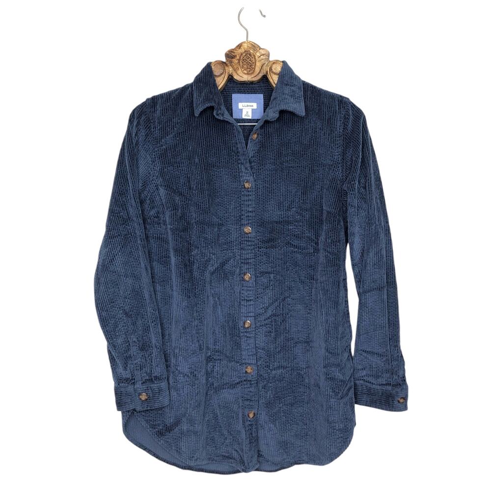 L. L. Bean Shirt Tunic Navy Blue Corduroy Rib Long Sleeve Button Down Pockets M